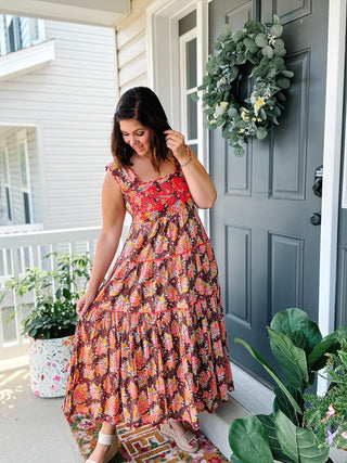 Ivy Jane Sister Mary Rosa Brown Floral Embroidered Maxi Dress