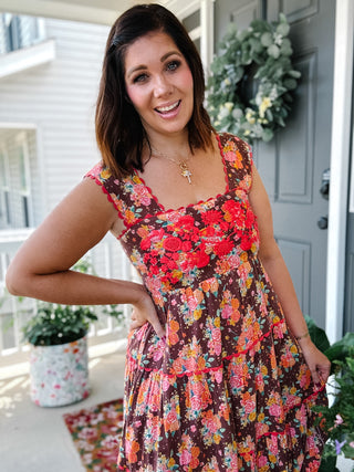 Ivy Jane Sister Mary Rosa Brown Floral Embroidered Maxi Dress
