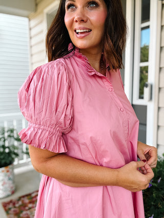 Karlie Solid Poplin Ruffle Neck Pleat Back Tie Mini Dress
