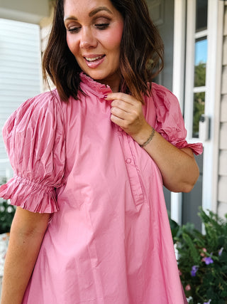 Karlie Solid Poplin Ruffle Neck Pleat Back Tie Mini Dress