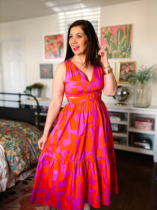 Karlie Geometric Poplin Vneck Cutout Maxi Dress