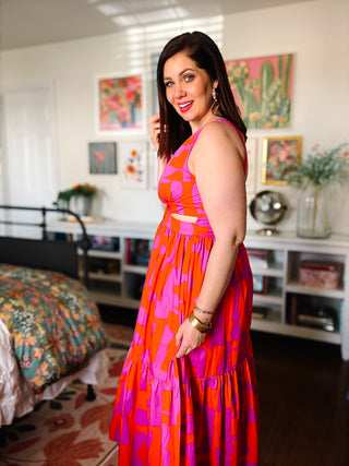 Karlie Geometric Poplin Vneck Cutout Maxi Dress