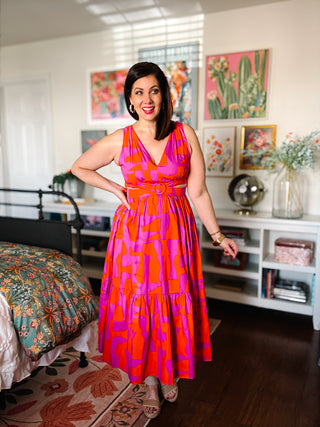 Karlie Geometric Poplin Vneck Cutout Maxi Dress