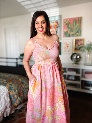 Karlie Big Floral Pastel Smock Tank Maxi Dress