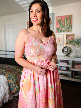 Karlie Big Floral Pastel Smock Tank Maxi Dress