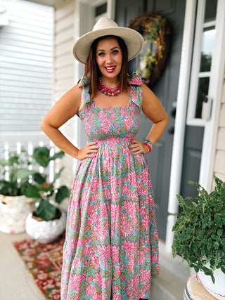 Joy Bow Maxi Dress, SB Hibiscus Blue Pink