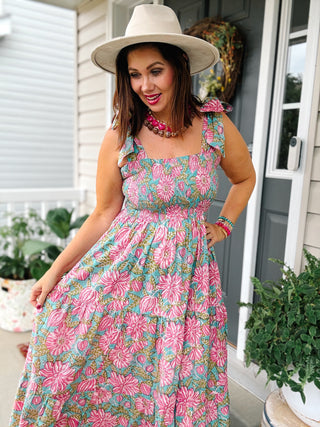 Joy Bow Maxi Dress, SB Hibiscus Blue Pink