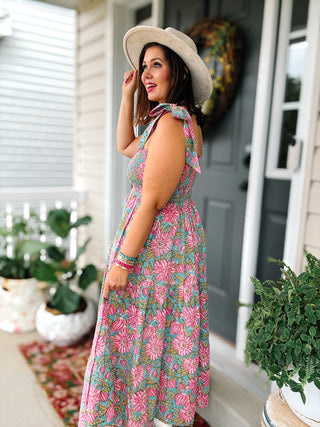 Joy Bow Maxi Dress, SB Hibiscus Blue Pink