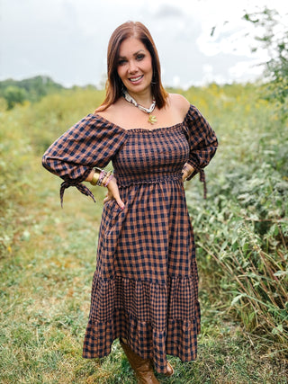 Dahlia Dress - Brown and Navy Gingham Smocked Midi Dress