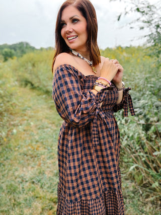 Dahlia Dress - Brown and Navy Gingham Smocked Midi Dress