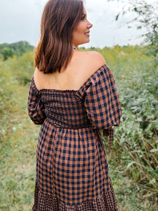 Dahlia Dress - Brown and Navy Gingham Smocked Midi Dress
