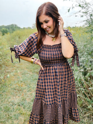 Dahlia Dress - Brown and Navy Gingham Smocked Midi Dress
