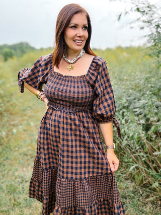 Dahlia Dress - Brown and Navy Gingham Smocked Midi Dress