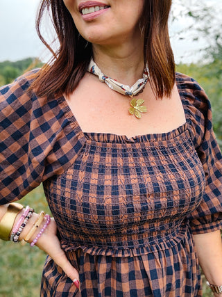 Dahlia Dress - Brown and Navy Gingham Smocked Midi Dress