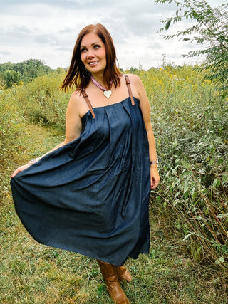 Isla Dress by THML - Denim Midi Dress with Faux Leather Shoulder Straps