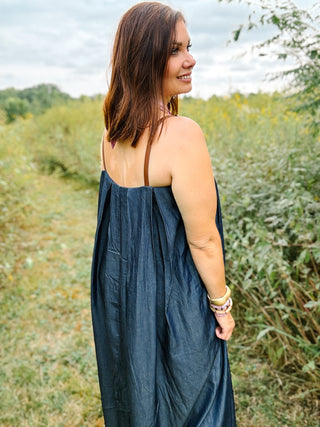 Isla Dress by THML - Denim Midi Dress with Faux Leather Shoulder Straps