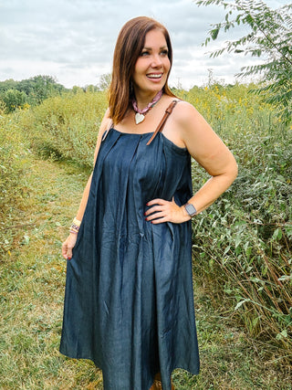 Isla Dress by THML - Denim Midi Dress with Faux Leather Shoulder Straps