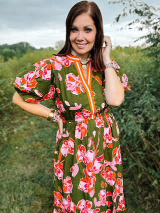 Tallulah Dress by THML - Olive Green Midi Dress with Orange Contrast Stripes