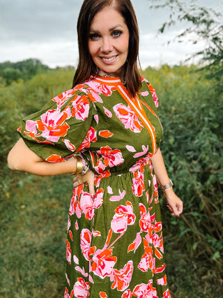 Tallulah Dress by THML - Olive Green Midi Dress with Orange Contrast Stripes