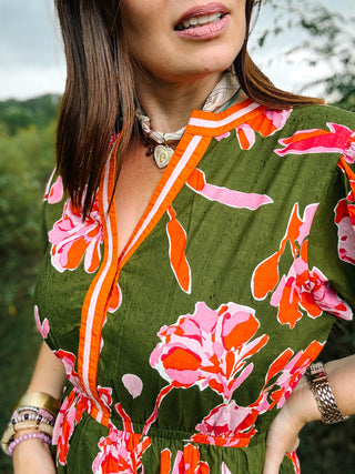Tallulah Dress by THML - Olive Green Midi Dress with Orange Contrast Stripes