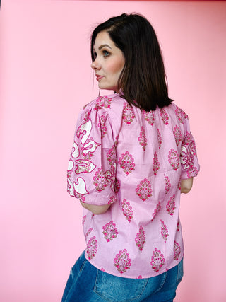 Rosalie Top by THML - Pink Floral Puff Sleeve Top with Embroidery