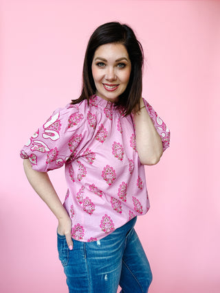 Rosalie Top by THML - Pink Floral Puff Sleeve Top with Embroidery