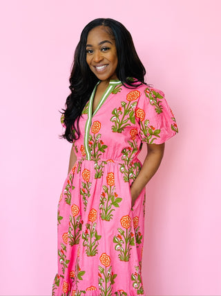 Emerson Dress - THML Hot Coral Pink Midi with Floral Print Mom Buns and Ruffles Emerson Dress - THML Hot Coral Pink Midi with Floral Print Mom Buns and Ruffles