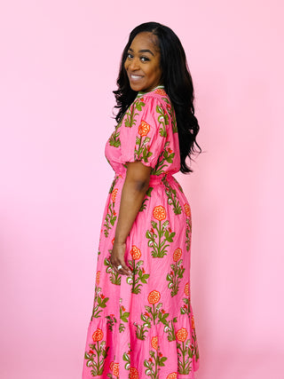 Emerson Dress - THML Hot Coral Pink Midi with Floral Print