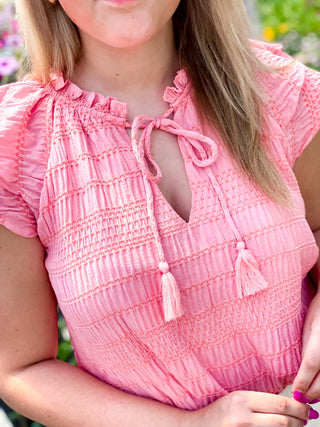 Colette Blouse - Coral Pink Textured V Neck Flutter Sleeve Top