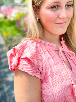 Colette Blouse - Coral Pink Textured V Neck Flutter Sleeve Top