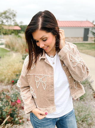 Kaitlyn Jacket - Tan Corduroy Jacket with Pearl Bow Detail