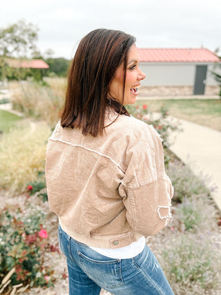 Kaitlyn Jacket - Tan Corduroy Jacket with Pearl Bow Detail