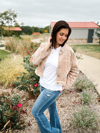 Kaitlyn Jacket - Tan Corduroy Jacket with Pearl Bow Detail