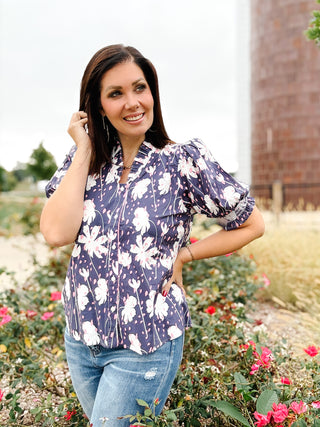 Fawn Top - Button Down Blue Floral Top with Ruffle Neckline and Puffed Sleeves
