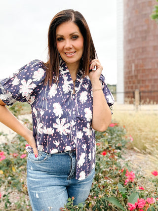Fawn Top - Button Down Blue Floral Top with Ruffle Neckline and Puffed Sleeves
