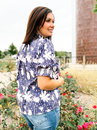 Fawn Top - Button Down Blue Floral Top with Ruffle Neckline and Puffed Sleeves