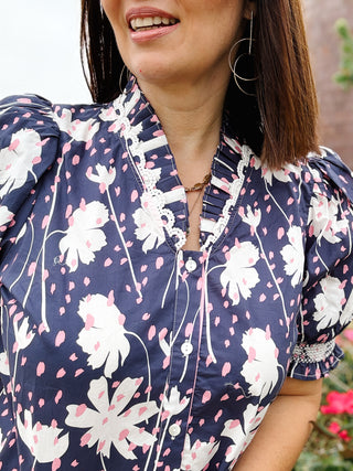 Fawn Top - Button Down Blue Floral Top with Ruffle Neckline and Puffed Sleeves