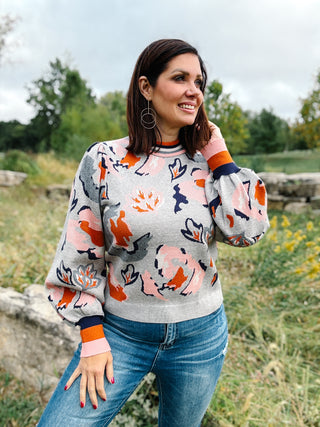 Carter Sweater by THML - Grey with Pink and Navy Floral and Striped Collar