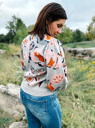 Carter Sweater by THML - Grey with Pink and Navy Floral and Striped Collar