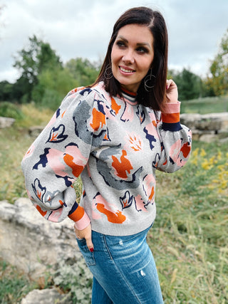 Carter Sweater by THML - Grey with Pink and Navy Floral and Striped Collar