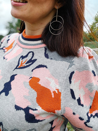 Carter Sweater by THML - Grey with Pink and Navy Floral and Striped Collar