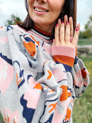 Carter Sweater by THML - Grey with Pink and Navy Floral and Striped Collar