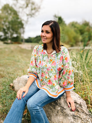 Alona Top - 3/4 Sleeve Floral Print with Multicolor Hem and Cuff Band and Split Neck
