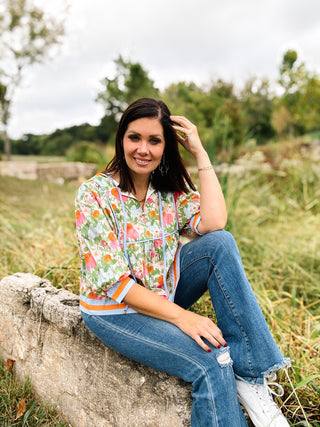 Alona Top - 3/4 Sleeve Floral Print with Multicolor Hem and Cuff Band and Split Neck