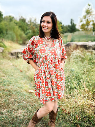 Evelina Dress - Coral and Blue Fall Floral Mini Dress
