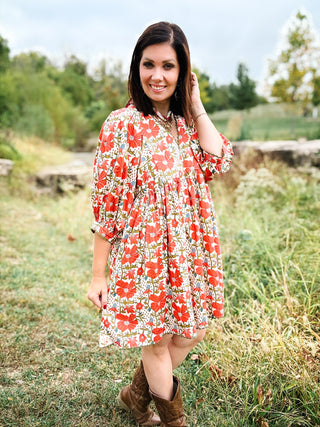 Evelina Dress - Coral and Blue Fall Floral Mini Dress