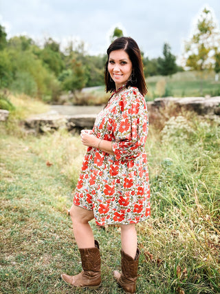 Evelina Dress - Coral and Blue Fall Floral Mini Dress