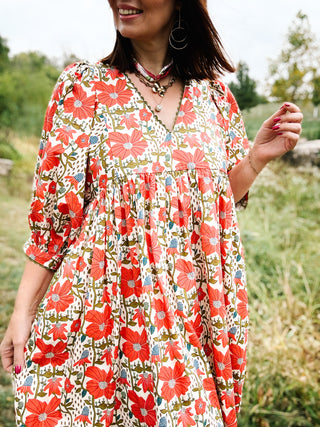 Evelina Dress - Coral and Blue Fall Floral Mini Dress