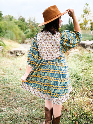 Marigold Dress - Green and Yellow Floral Mini Dress