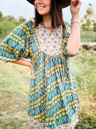 Marigold Dress - Green and Yellow Floral Mini Dress